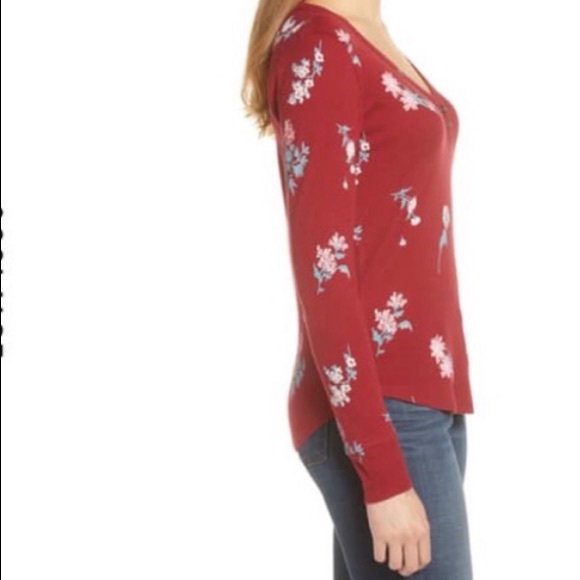 Lucky Brand Burgundy Red Floral V-Neck Waffle Knit Top NWT - Picture 2 of 13